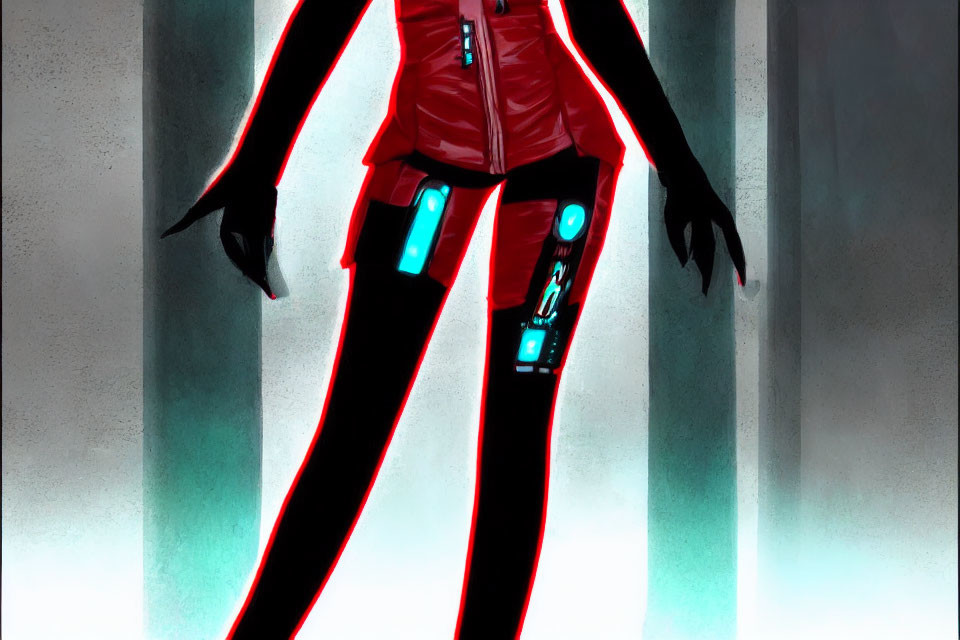 Futuristic red and black suit illustration in dimly lit setting