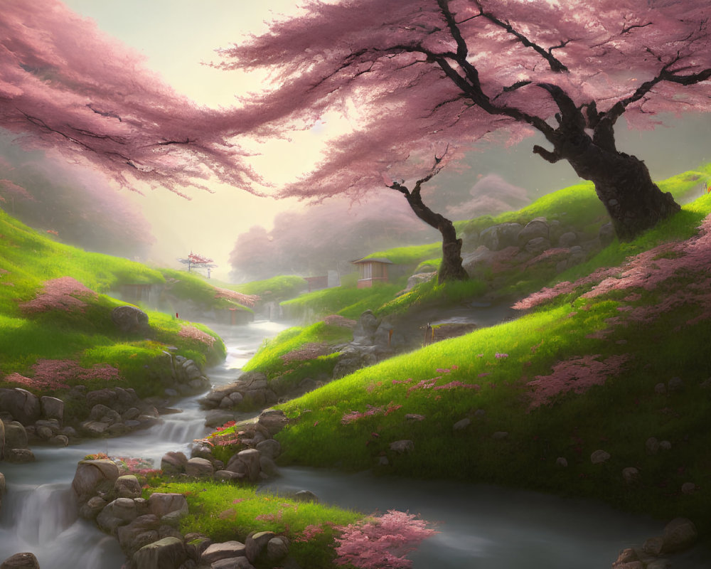 Tranquil Cherry Blossom Landscape with Stream and House