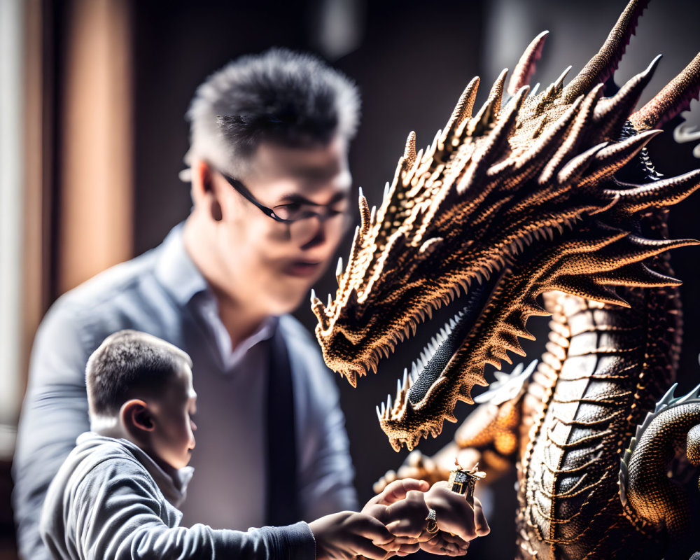 Man and child near detailed dragon sculpture in warm light, evoking cultural heritage.