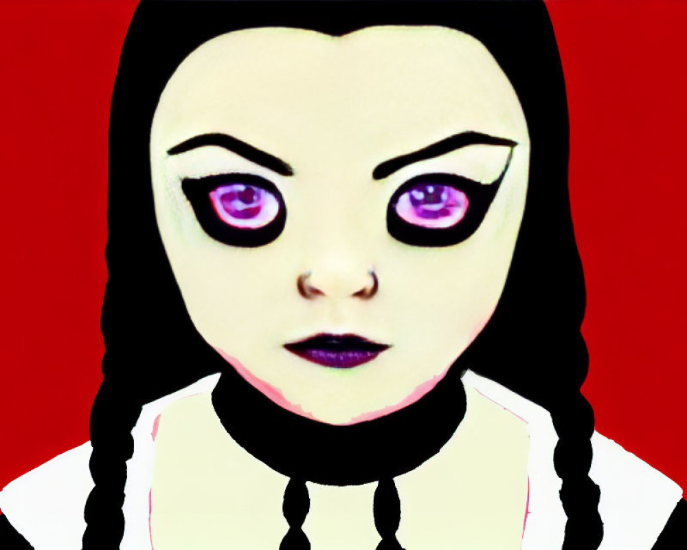 Stylized illustration of serious-faced girl with dark hair and Gothic makeup