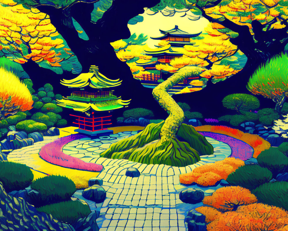 Colorful garden scene with twisted tree, pagodas, and stone path