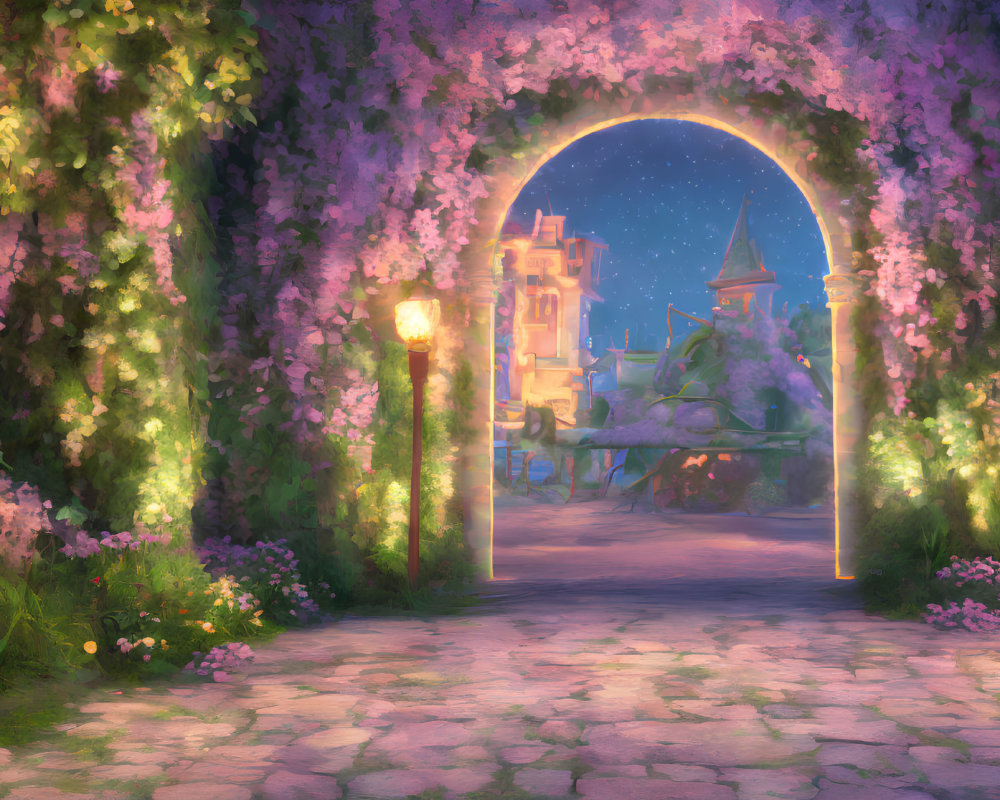 Enchanting archway with blooming flowers and cobblestone path in whimsical town