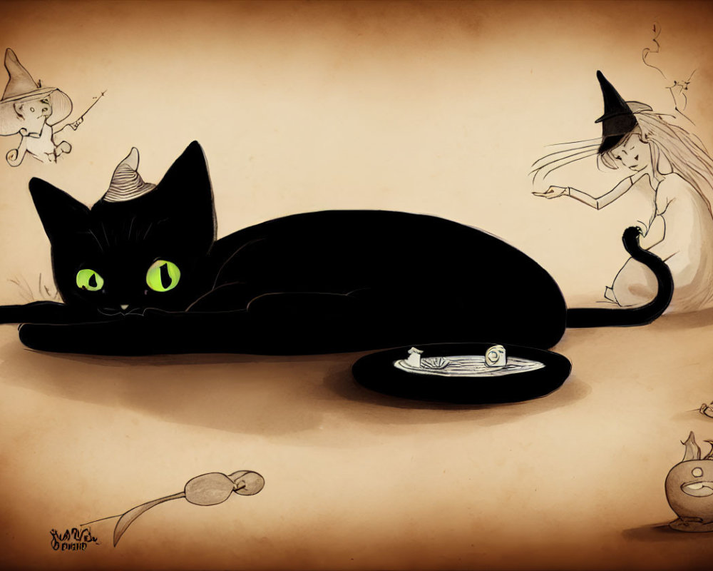 Whimsical black cat with witch hat and tiny witch in Halloween scene