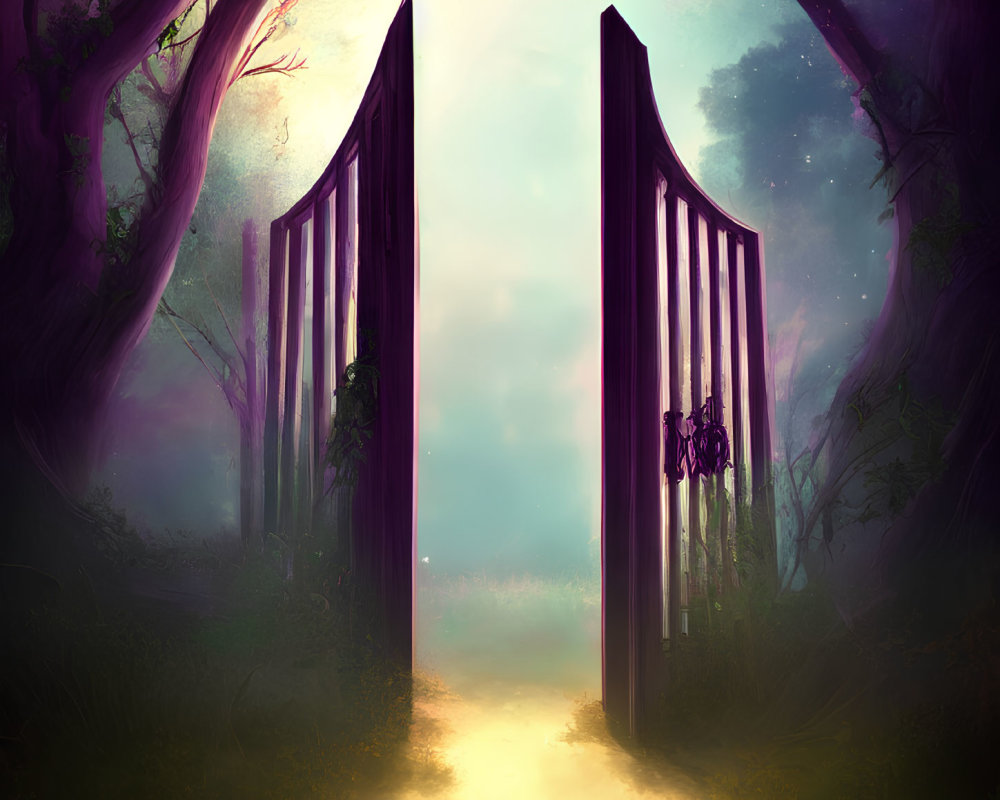 Ethereal fantasy gate in mystical forest with soft purple and teal hues