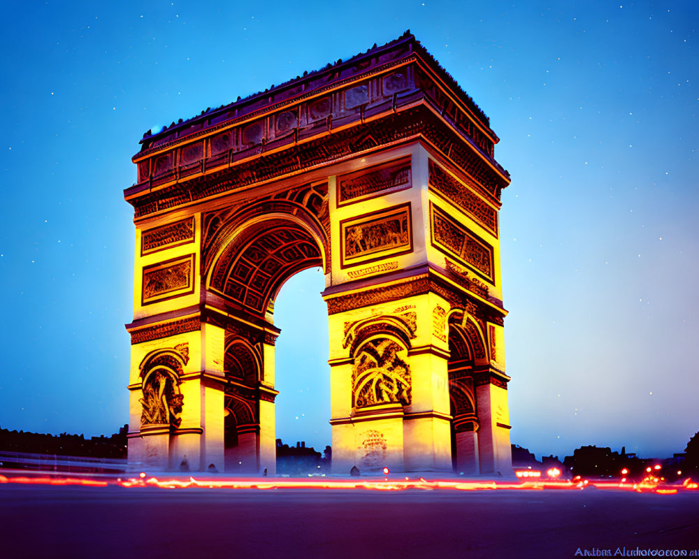 Iconic Arc de Triomphe in Paris at Twilight with Light Trails