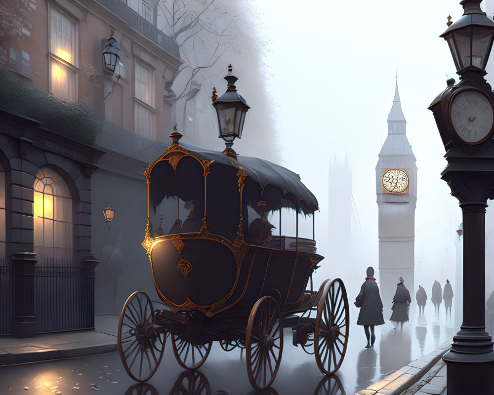 Vintage horse-drawn carriage on foggy cobblestone street with Big Ben silhouette