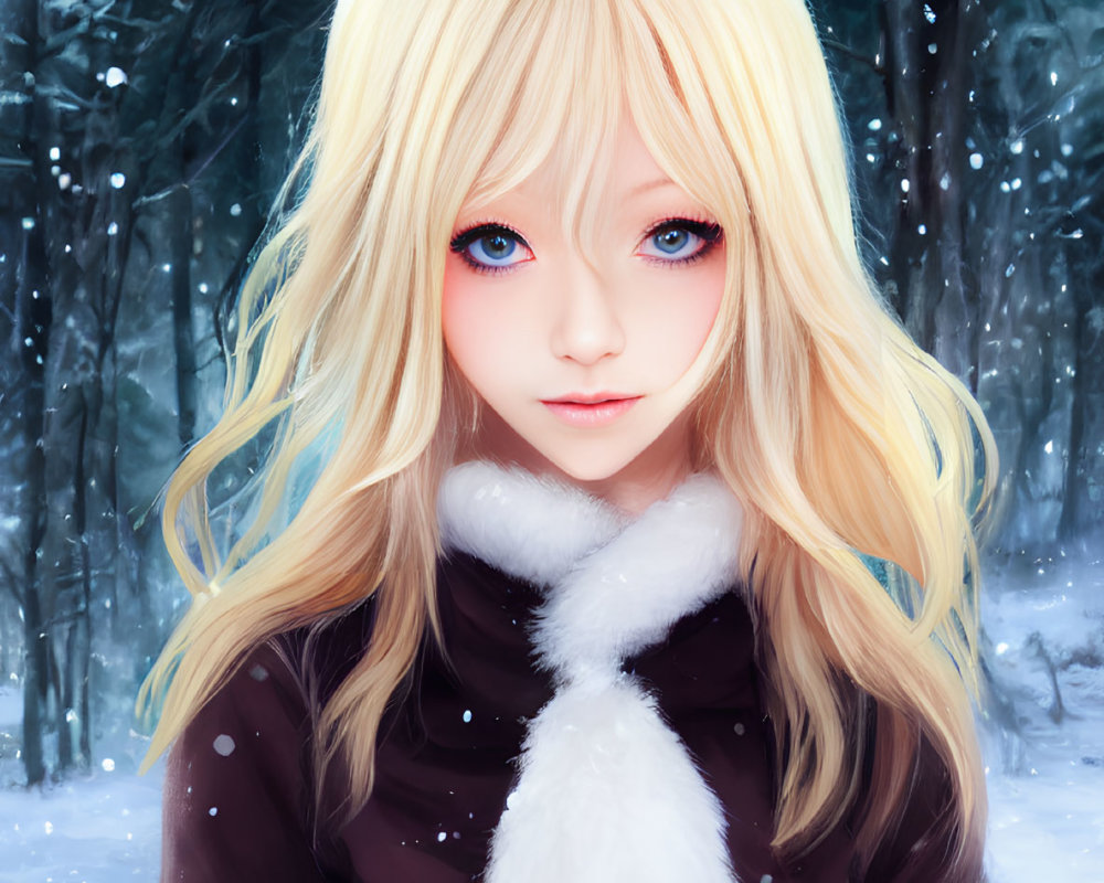 Digital artwork: Person with bunny ears in snowy forest, long blonde hair, blue eyes, fluffy white