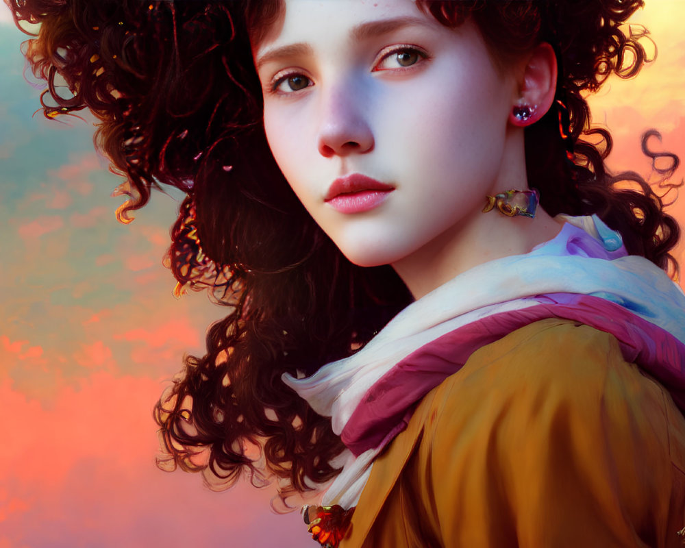 Vibrant digital portrait of young woman with curly hair against colorful sky