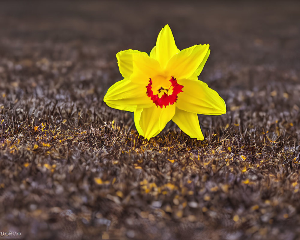 Bright Yellow Daffodil with Orange Center Blooms in Spring Setting