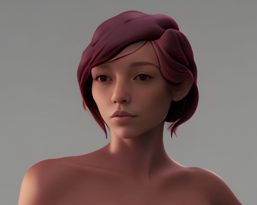 Contemplative female figure in 3D with burgundy hair and headscarf