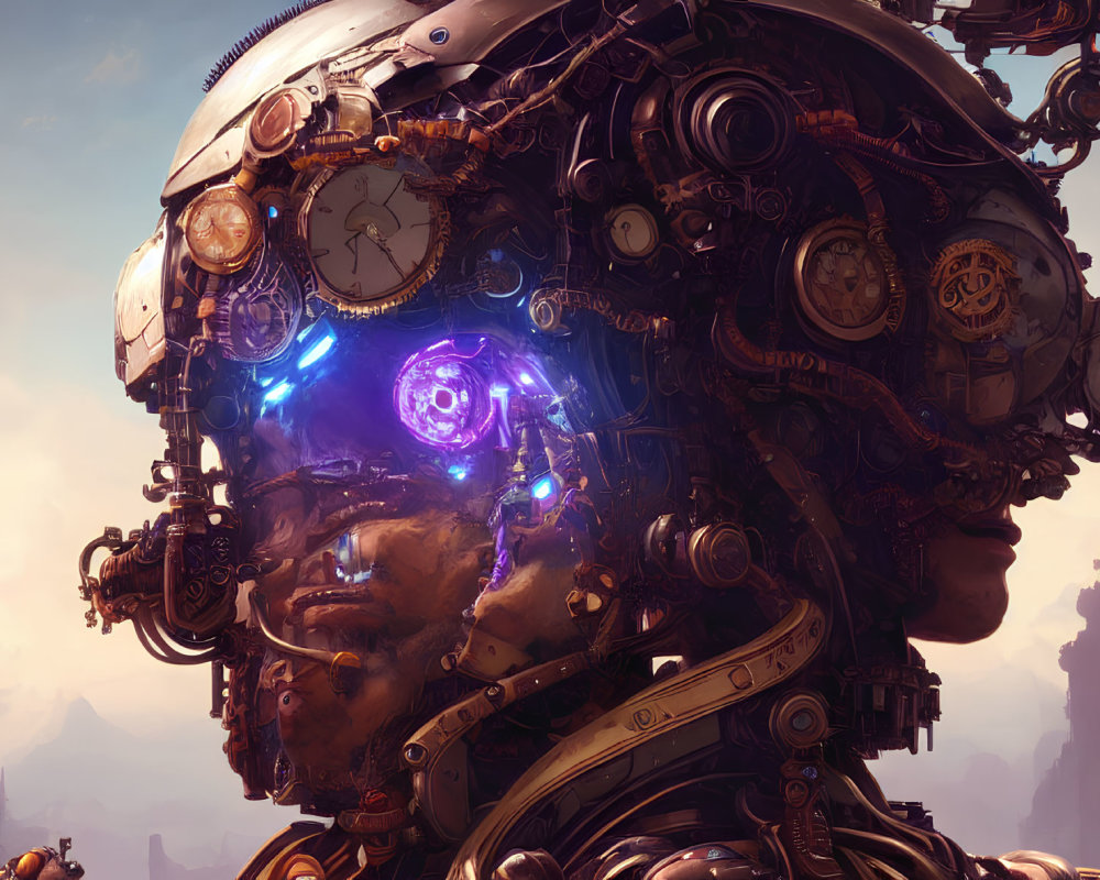 Detailed mechanical head with intricate gears and glowing purple lights.