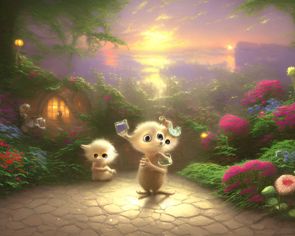 Animated hedgehogs in magical garden with flowers, mushrooms, and sunset.