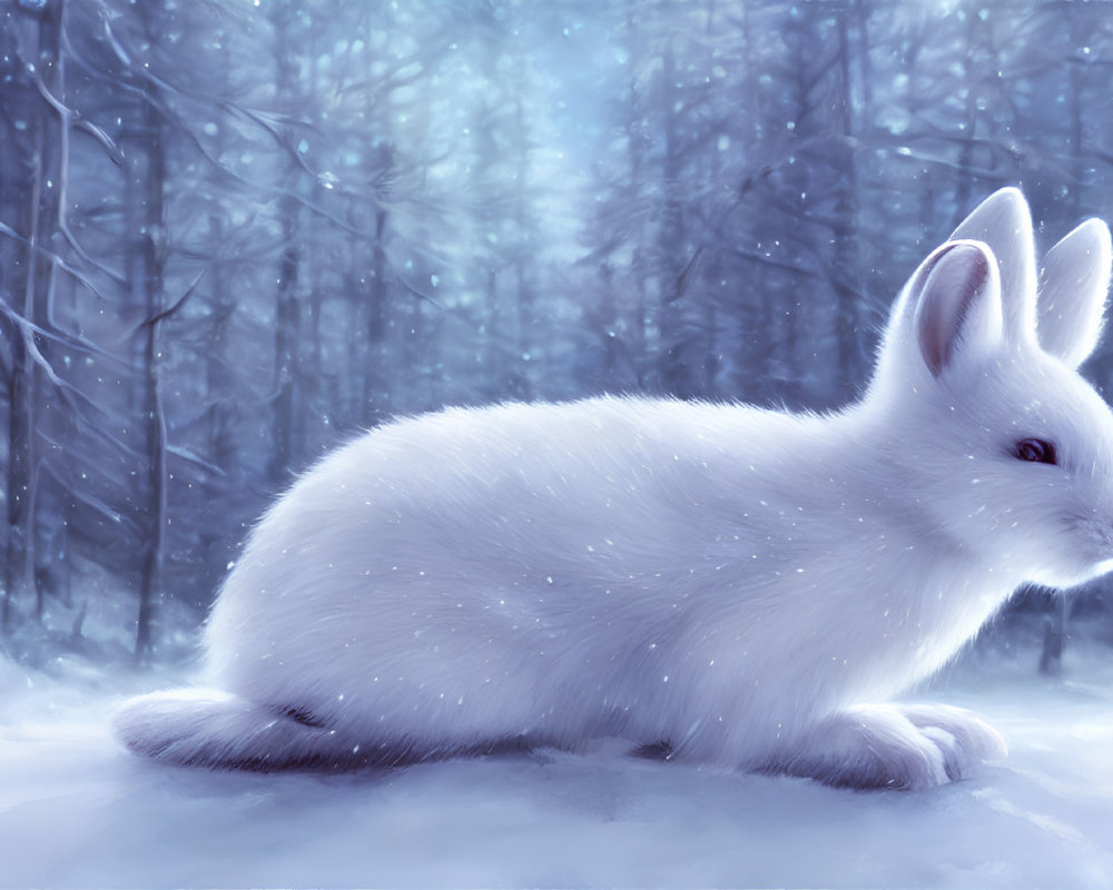 White Rabbit in Snowy Forest Scene with Falling Snowflakes