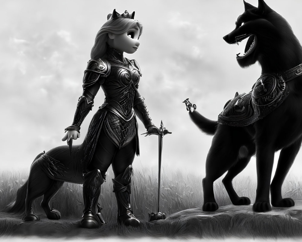 Anthropomorphic feline warrior and wolf in full armor on grassy knoll