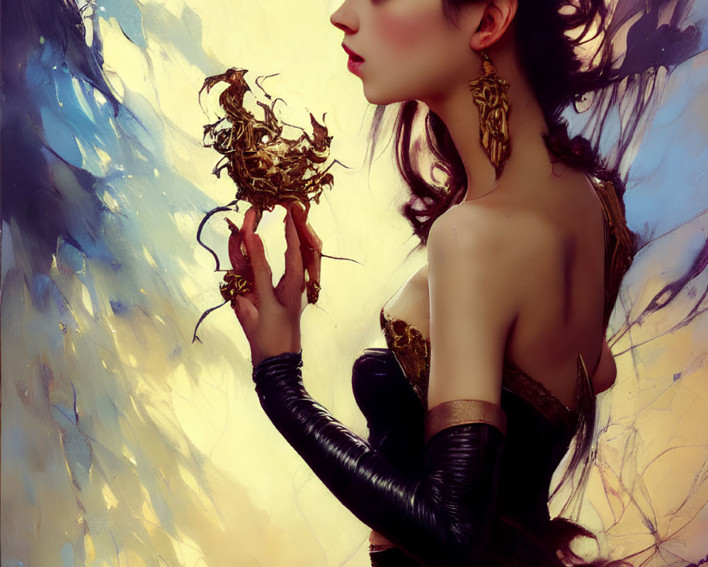 Intricate earrings and headpiece on woman with golden object in swirling hues