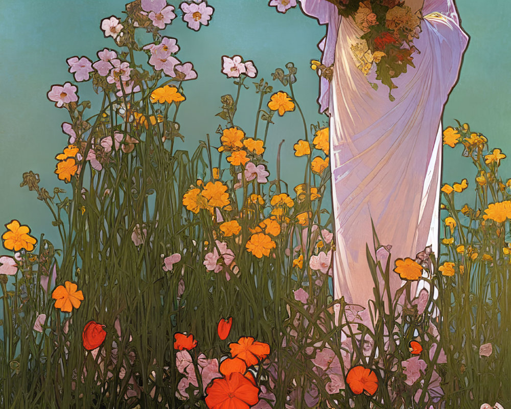 Person in flowing white dress among vibrant wildflowers in teal sky