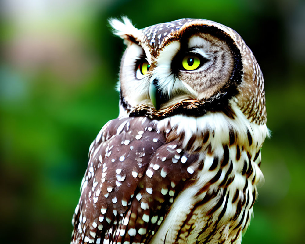 Brown and White Owl with Green Eyes and Distinctive Markings on Blurred Green Background