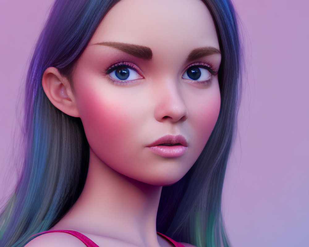 Rendered image: Woman with blue eyes, purple hair, pink top on purple background