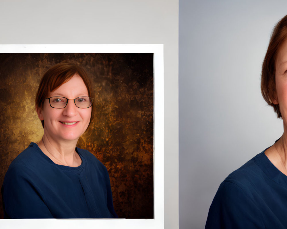 Red-haired woman in glasses smiling against brown backdrop in white frame