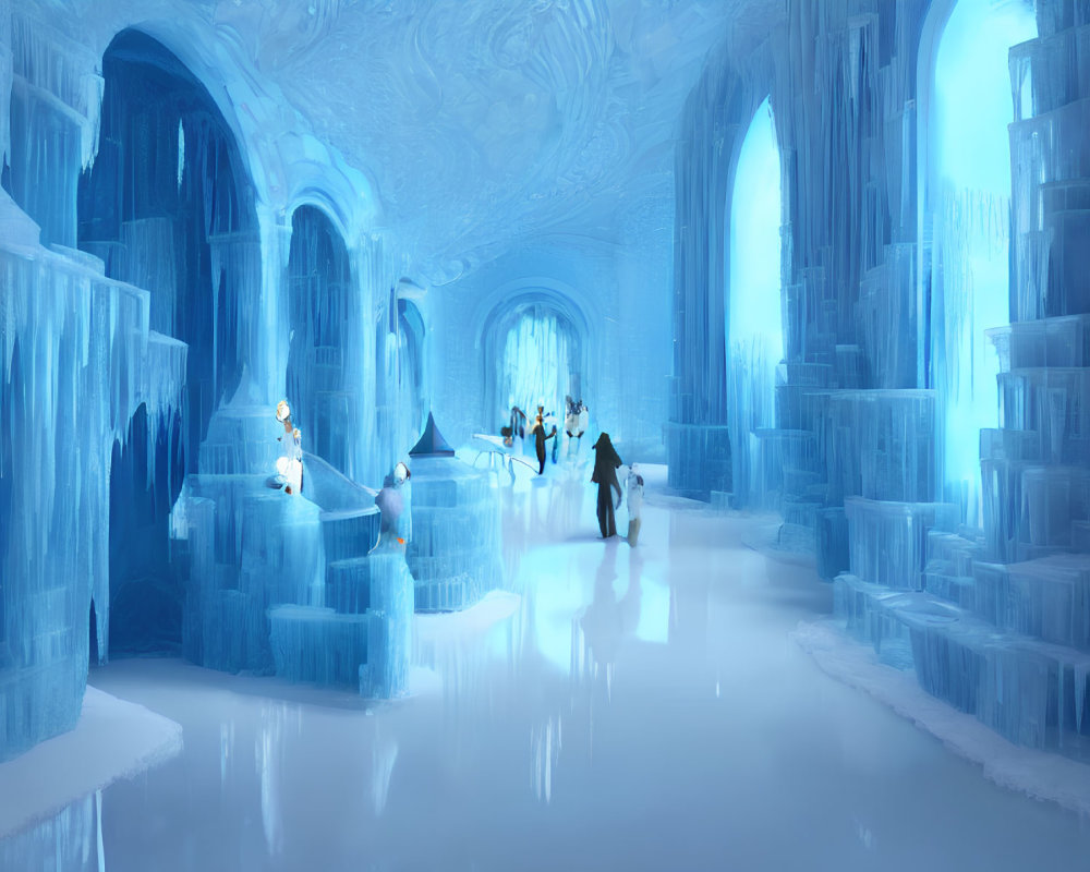 Majestic ice palace with grand hall and ethereal lighting