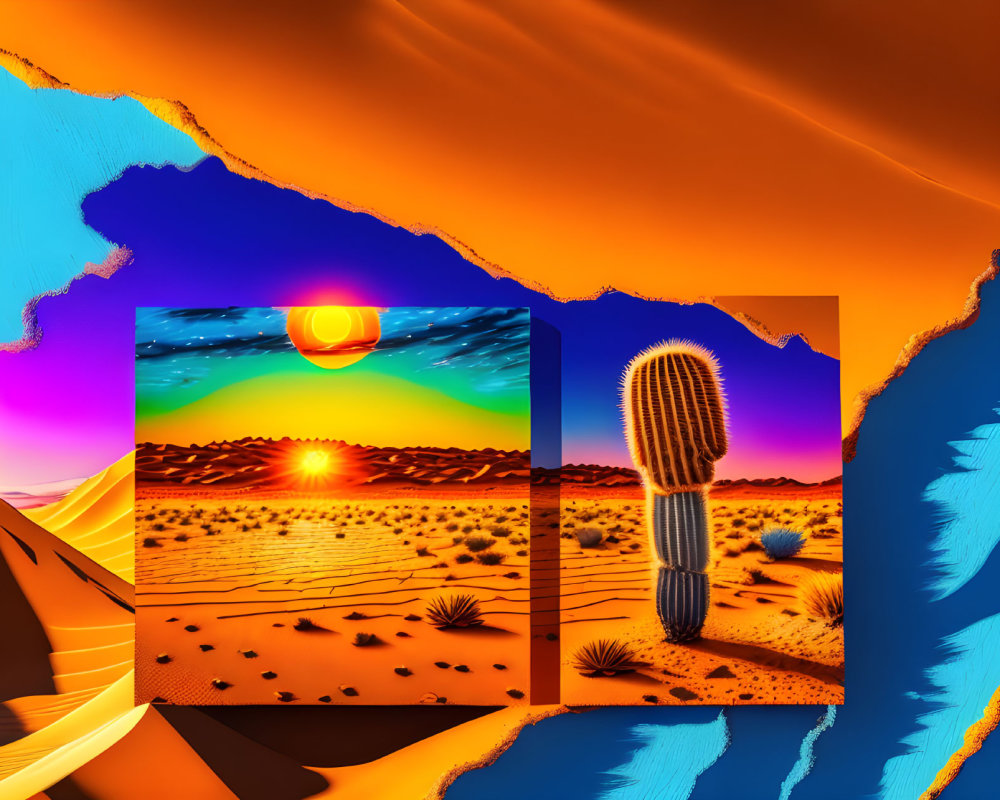 Colorful Digital Collage of Desert Scene with Cactus and Sun