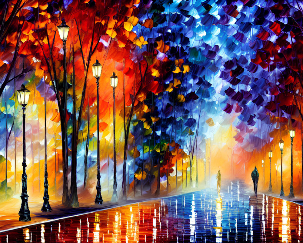 Colorful Painting: Tree-Lined Pathway with Street Lamps and Silhouettes