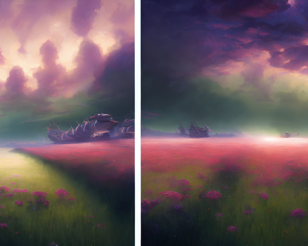 Contrasting split image: serene sunset field vs. stormy night scene