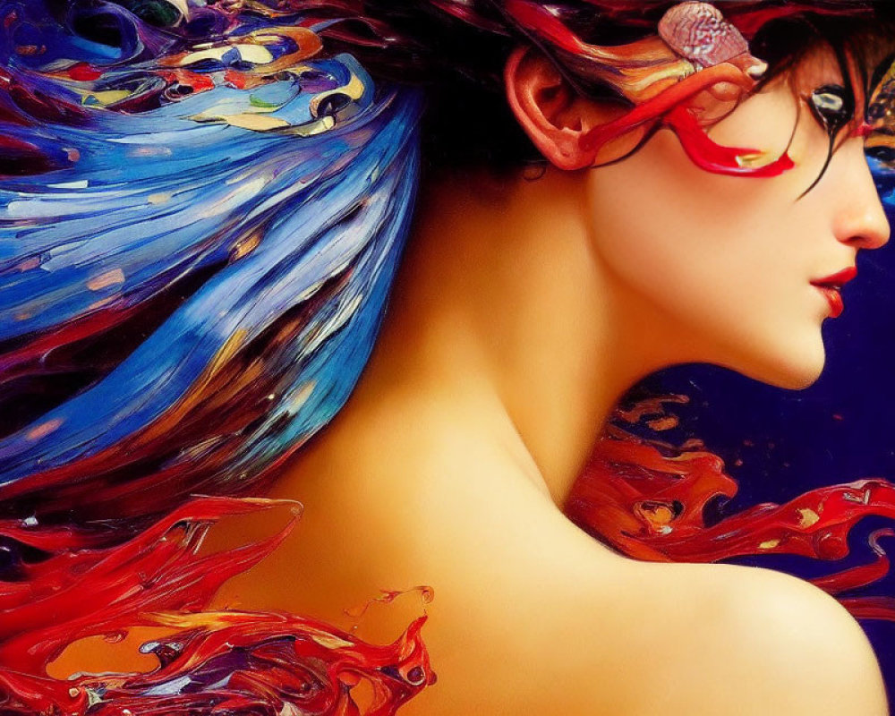 Colorful Hair Woman with Mask: Vibrant Artwork on Dark Background