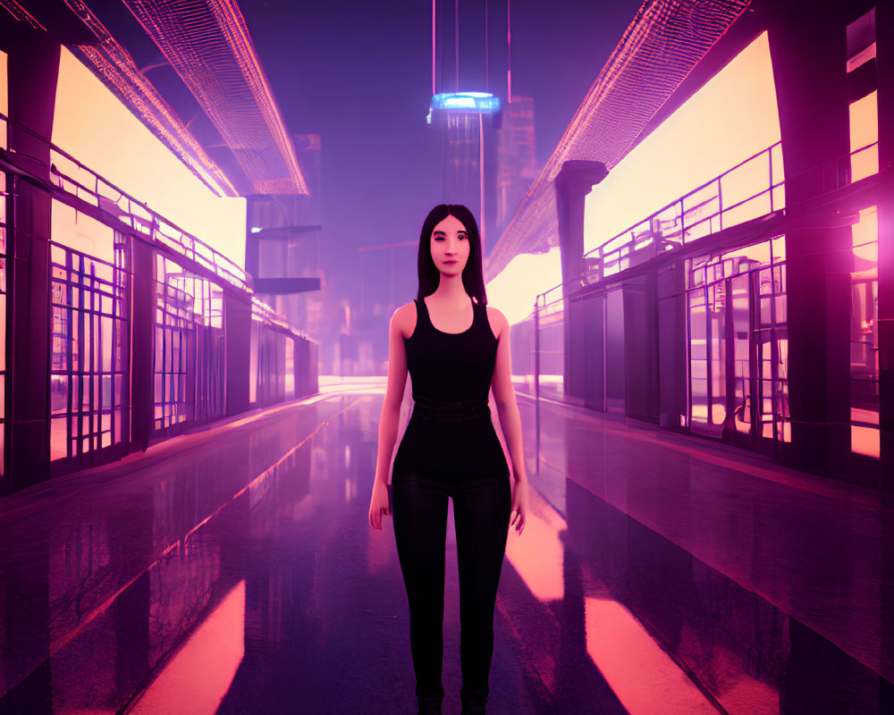 Futuristic urban woman in neon-lit environment