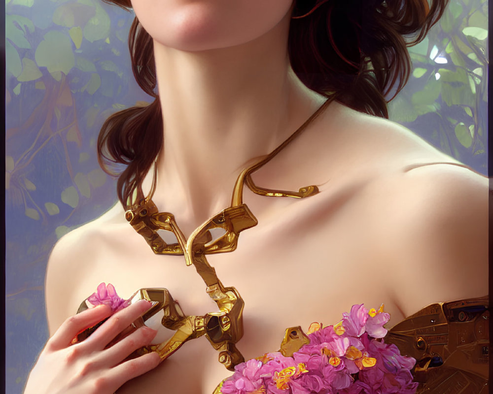 Woman with Brown Hair and Brass Bodice Among Purple Flowers