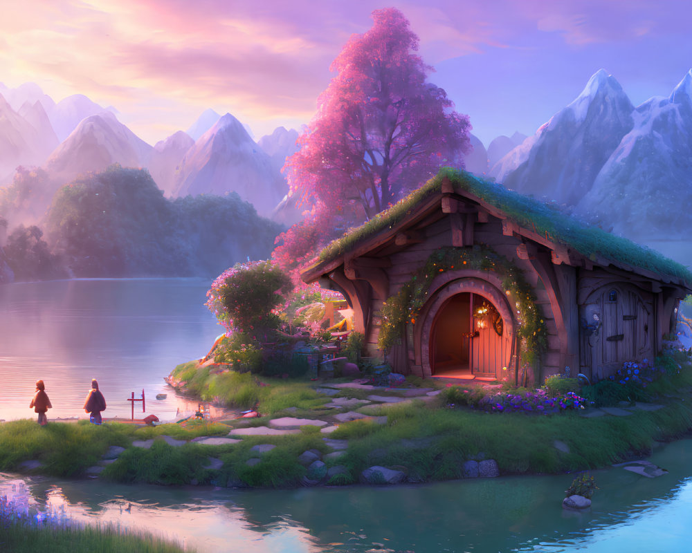 Tranquil sunset scene: Cottage by lake, lush flora, mountains, figures.