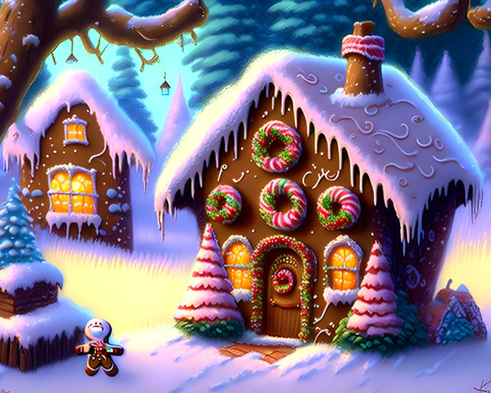 Snow-covered cottage with candy decorations in whimsical winter scene