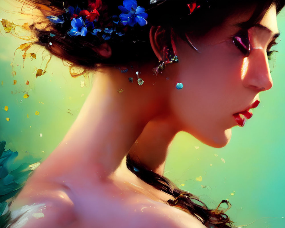 Profile portrait of a woman with floral hair, sparkling accents, and dreamy backdrop