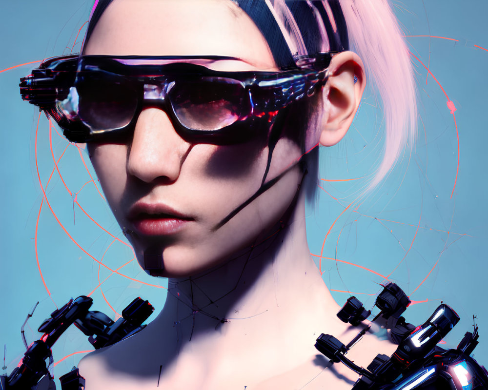 Pink-haired person with dark sunglasses and robotic spiders on blue background