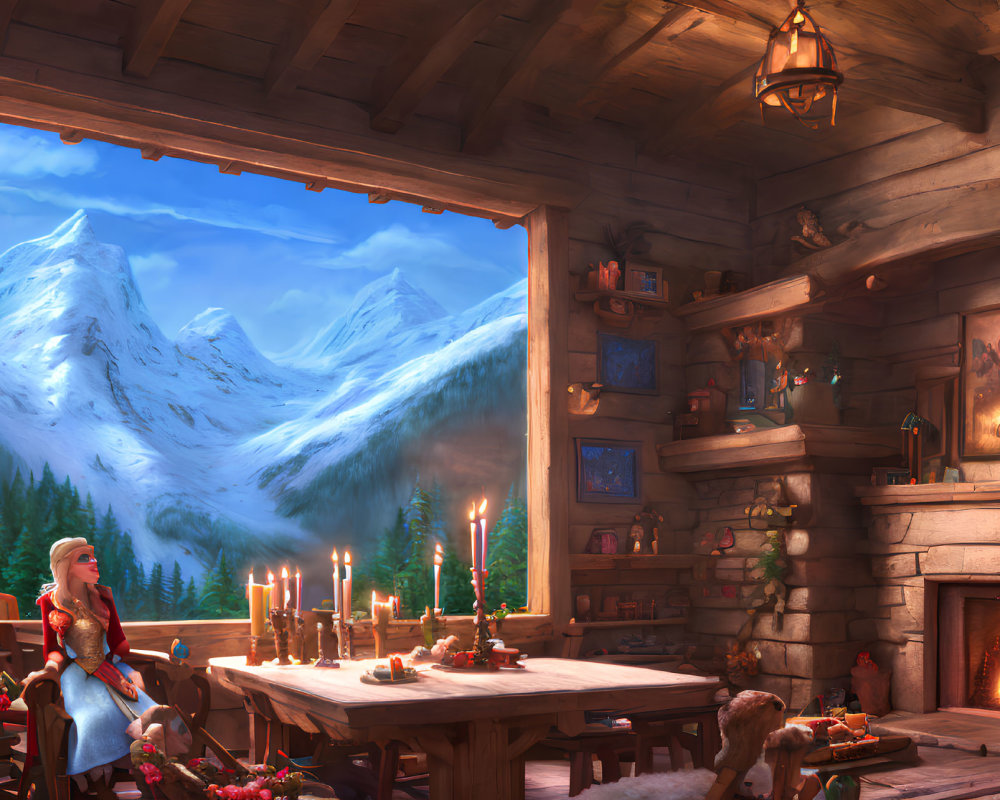 Snowy mountain view cabin interior with lit fireplace and woman gazing outward