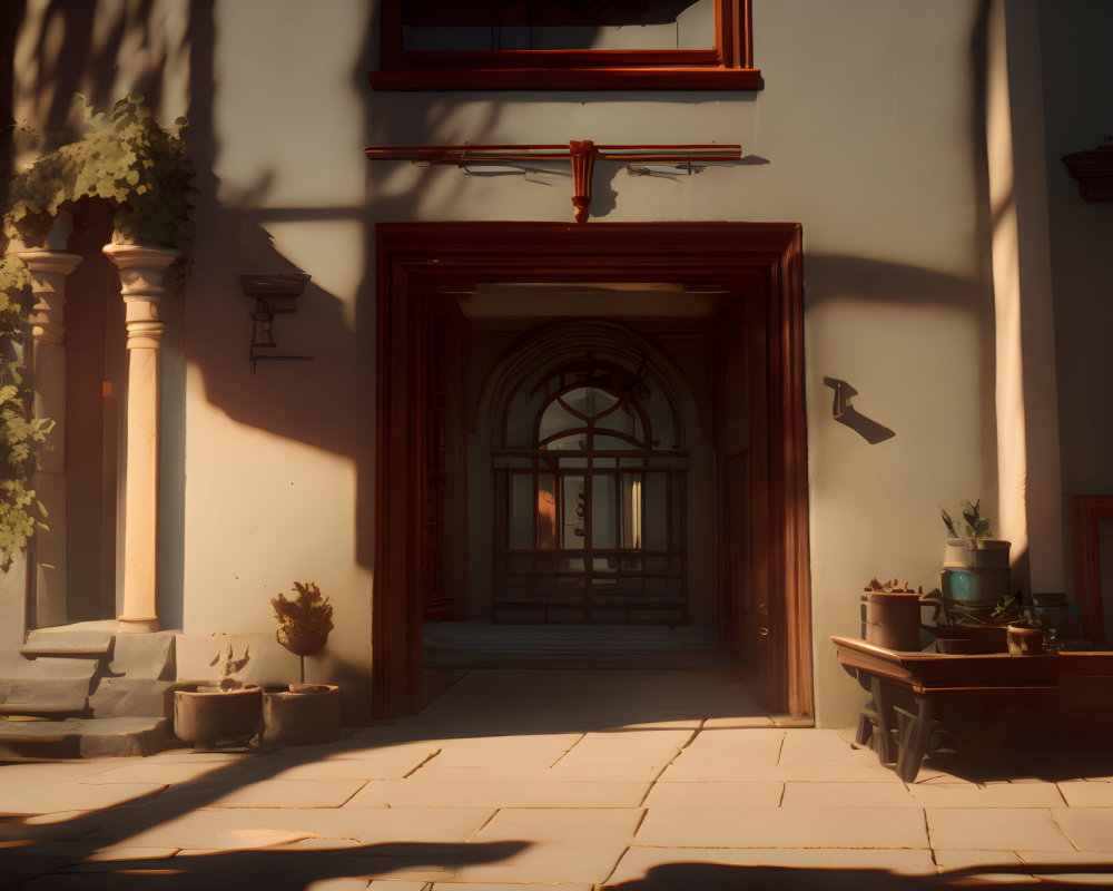 Tranquil courtyard with red wooden door and arched passageway