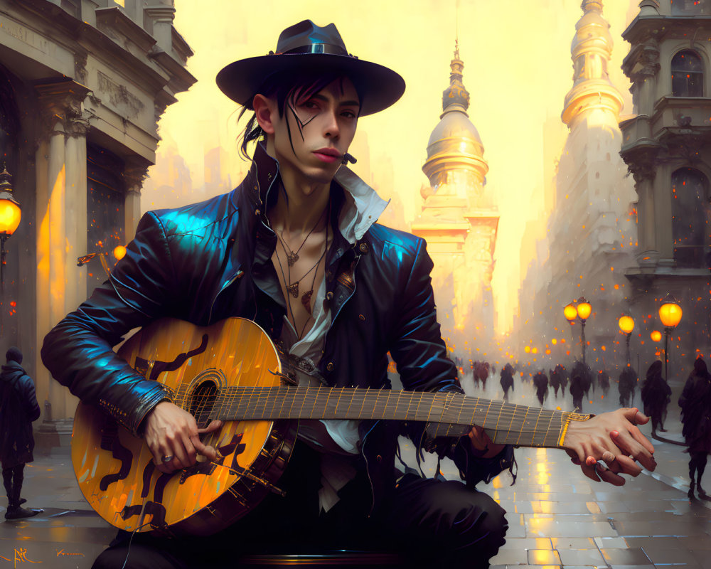 Man with Guitar in Stylish City Setting