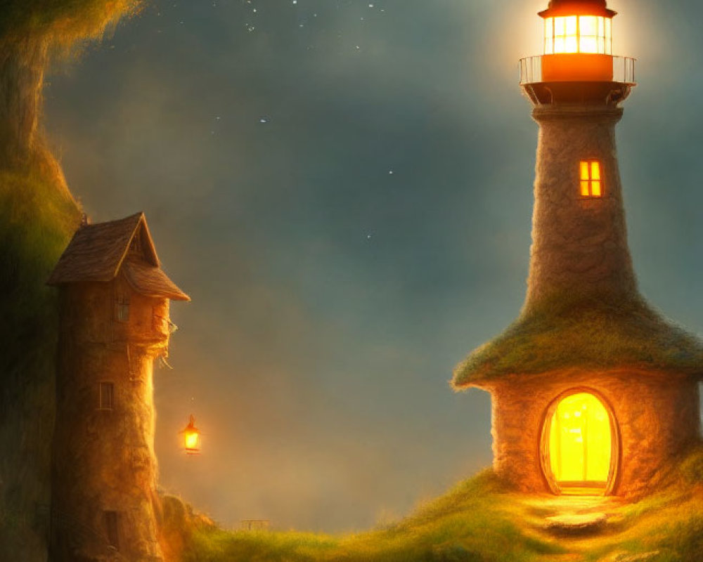 Lighthouse with glowing beacon on grassy hill near stone house under starry sky