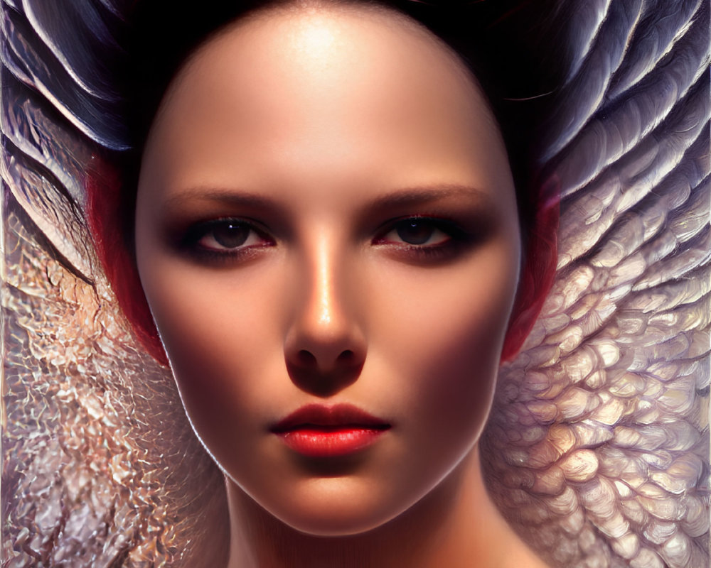 Symmetrical digital portrait of a woman with feather-like textures in white, brown, and black hues