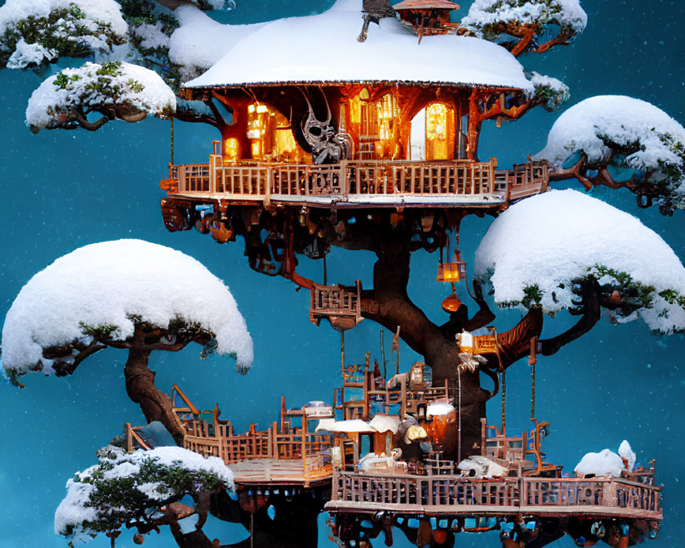 Snow-Covered Treehouse with Glowing Lights at Twilight