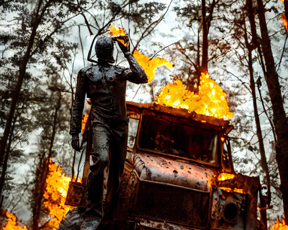 Burning vehicle in forest with person in protective gear