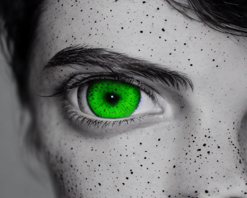 Person with freckles and vibrant green eye in black and white photo