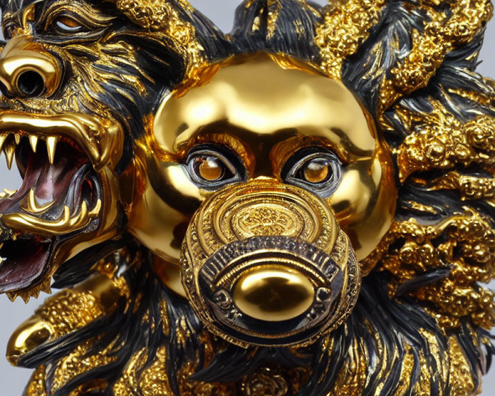 Detailed Golden Chinese Lion Mask with Fierce Expression