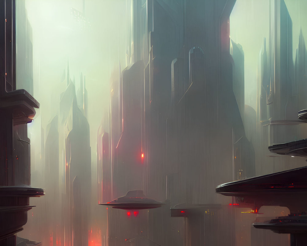 Futuristic cityscape with towering spires and flying vehicles in misty ambiance