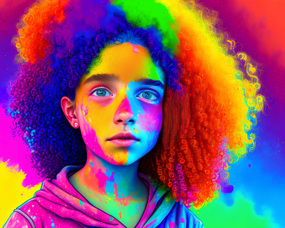 Colorful portrait of young individual with curly hair and neon paint splatters on multicolored background