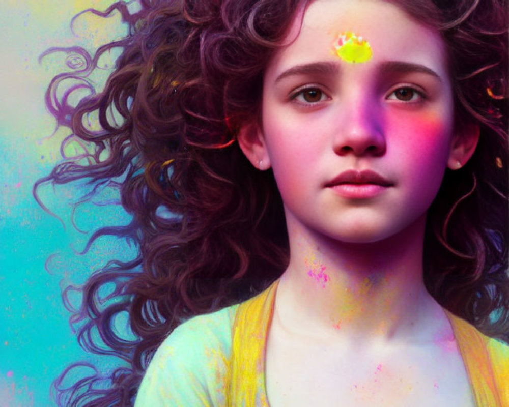 Curly-Haired Girl on Colorful Background with Yellow Paint Speckles