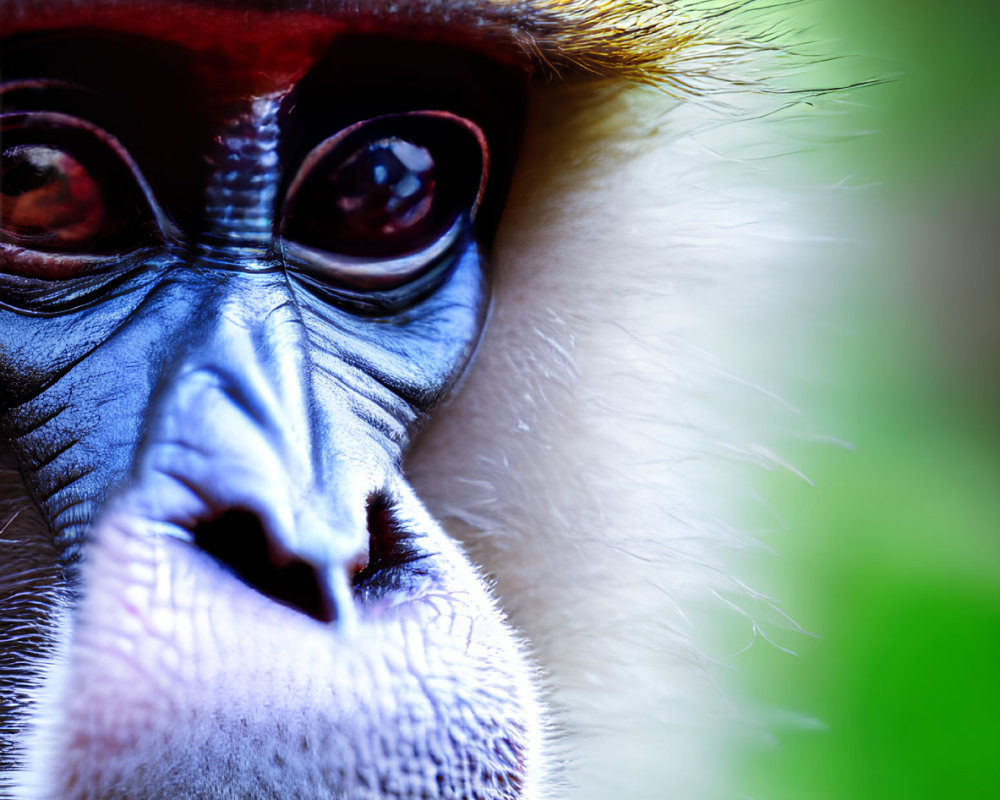 Vivid blue and red monkey with expressive eyes and detailed fur texture