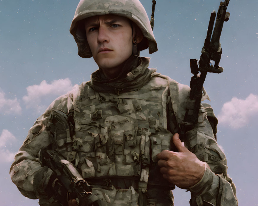 Combat soldier in uniform with rifle under cloudy sky.