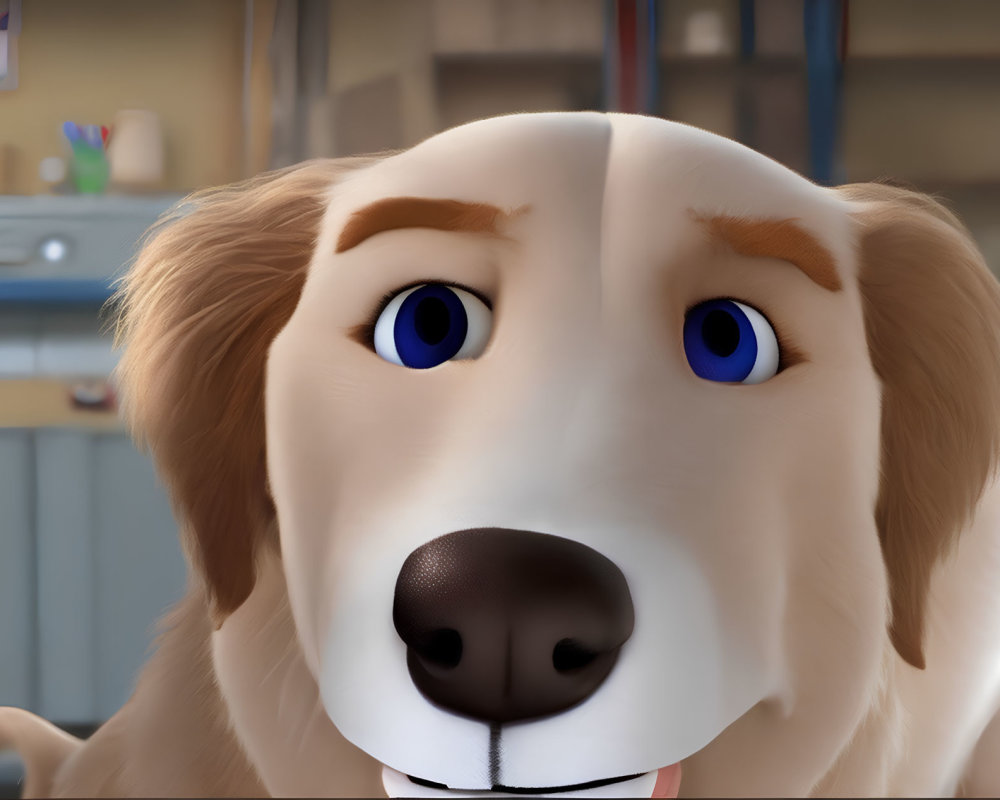 Computer-animated dog with big blue eyes and expressive eyebrows in kitchen setting