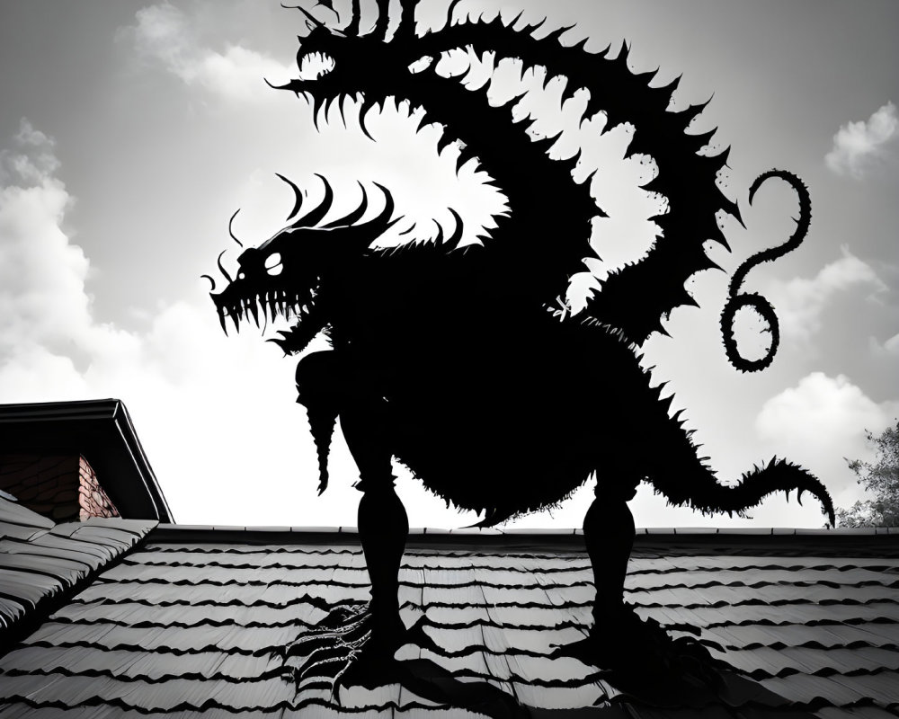 Fearsome dragon silhouette with spikes on roof against cloudy sky